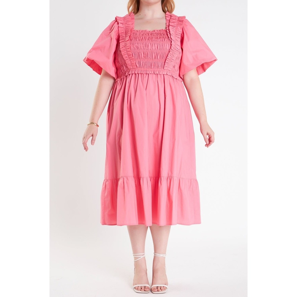 English Factory Pink Ruffled Smocked Midi Dress Dainty Puff Sleeve Square Neck‎